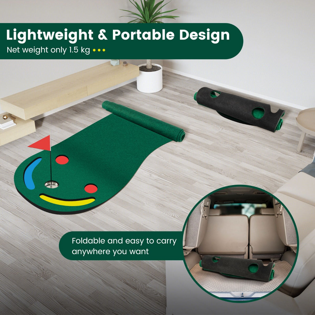 Green Golf Putting Mat | 3 Cups & Flag | Portable Practice Set