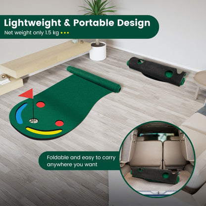 Green Golf Putting Mat | 3 Cups & Flag | Portable Practice Set