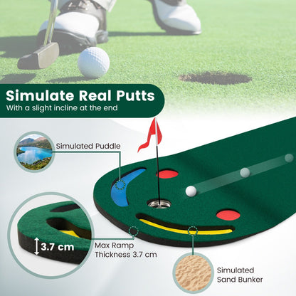 Green Golf Putting Mat | 3 Cups & Flag | Portable Practice Set