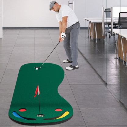 Green Golf Putting Mat | 3 Cups & Flag | Portable Practice Set