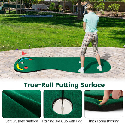 Green Golf Putting Mat | 3 Cups & Flag | Portable Practice Set