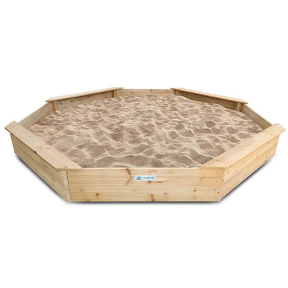 Grand octagonal wooden sandpit for backyard fun, ideal for outdoor play and childrens activities.