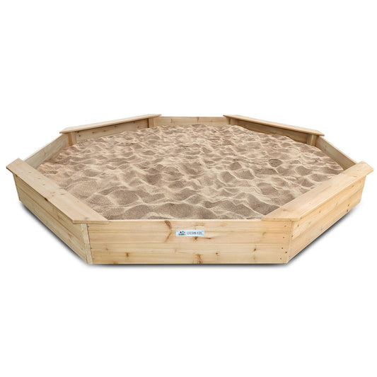 Grand octagonal wooden sandpit for backyard fun, ideal for outdoor play and childrens activities.