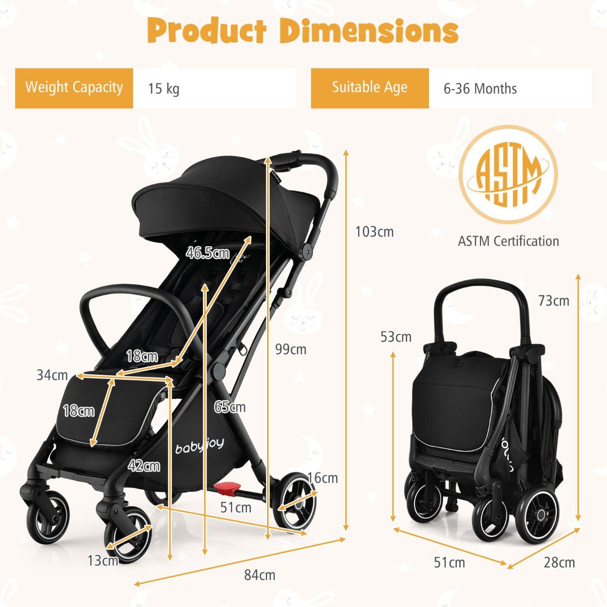 Compact, one-hand fold baby stroller for easy storage and transport.