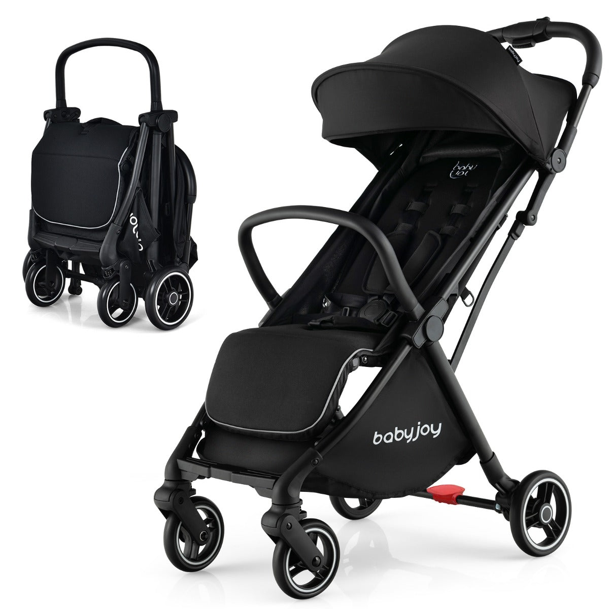 Compact one-hand fold baby stroller for easy storage and transportation.