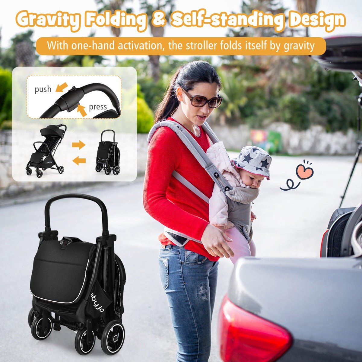 Compact one-hand fold baby stroller for easy home use, lightweight design for effortless transport.