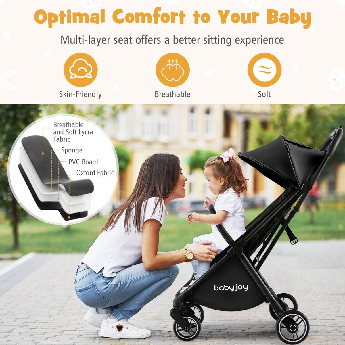 Compact one-hand fold baby stroller for easy transport and storage - lightweight design.