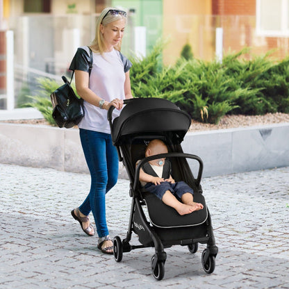 Lightweight folding baby stroller designed for easy one-hand operation, ideal for home use.