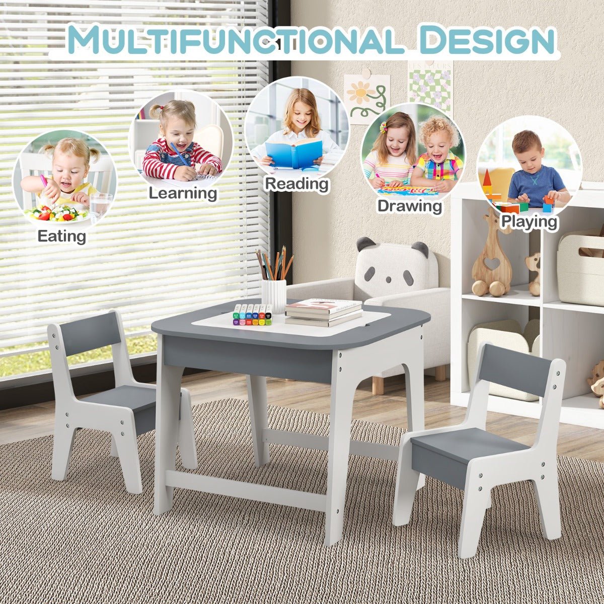 Kids activity table and chair set in grey/white with storage, ideal for play and creativity.