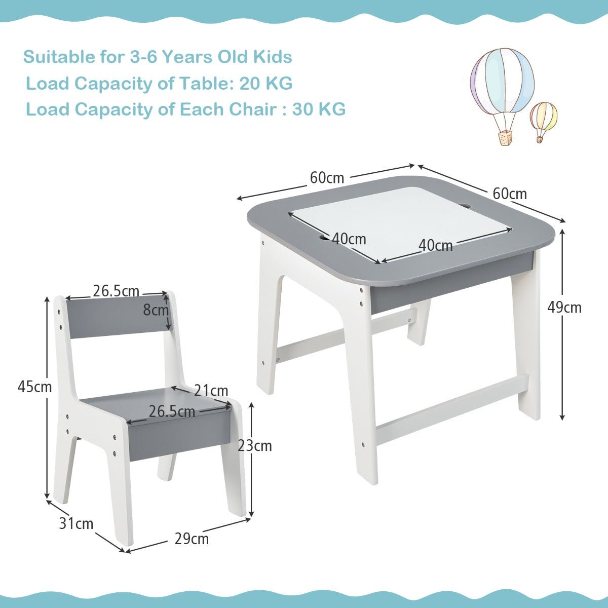 Kids grey/white table and chair set with storage for play and study activities.