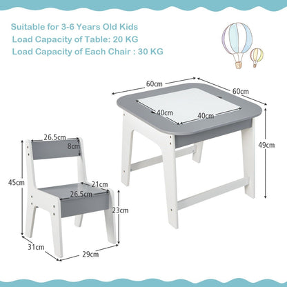 Kids grey/white table and chair set with storage for play and study activities.