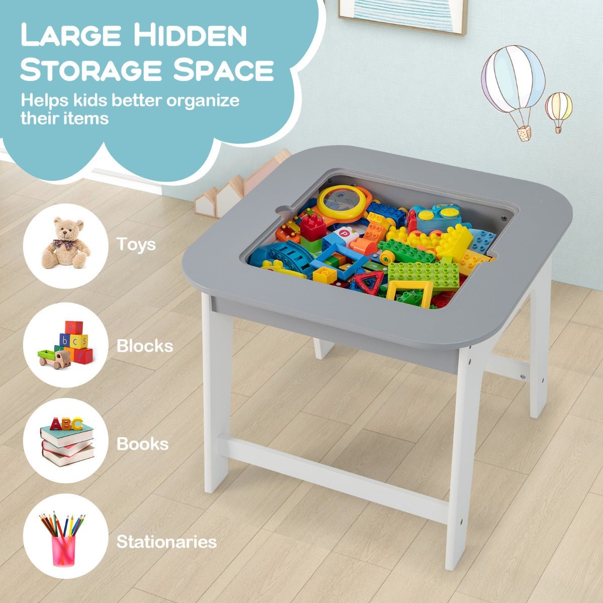 Kids grey/white storage table and chair set, ideal for play and organization at home.