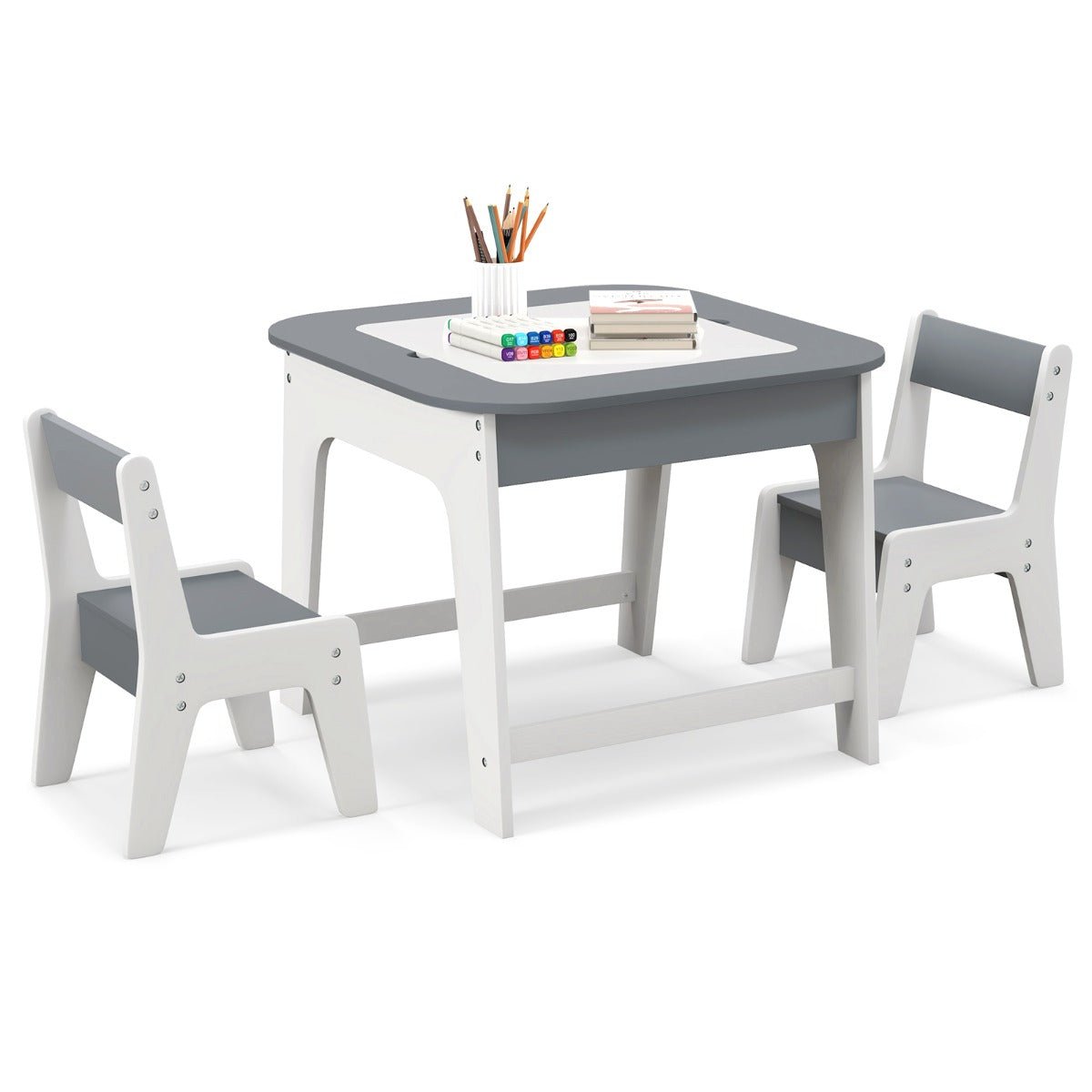 Kids grey/white activity table set with storage, ideal for play and learning at home.