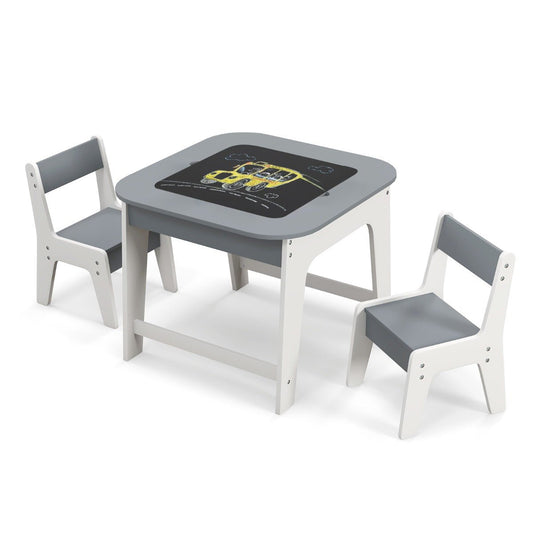 Kids grey and white activity table with chair set featuring built-in storage compartments.