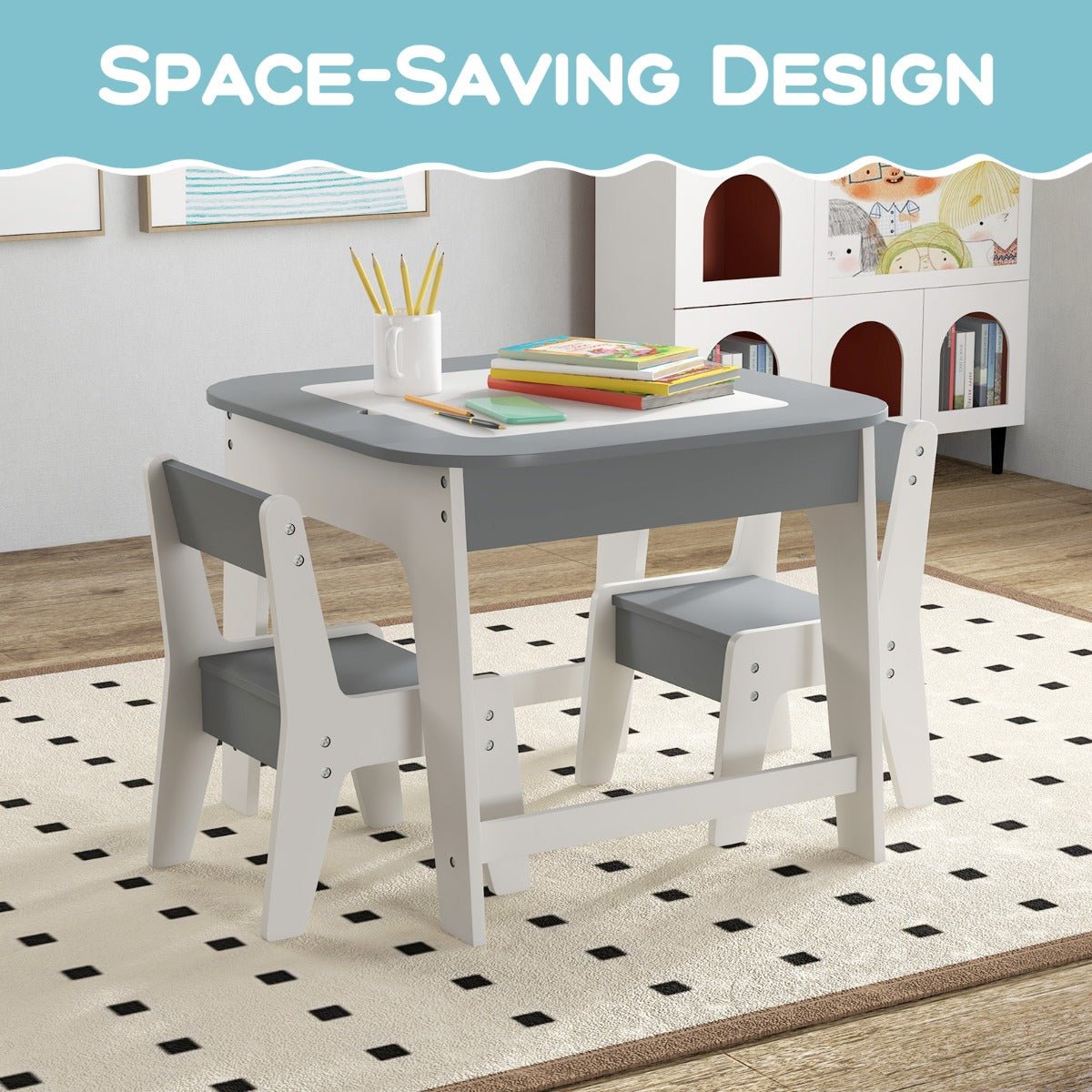 Kids activity table and chair set in grey/white with storage compartments for play and study.