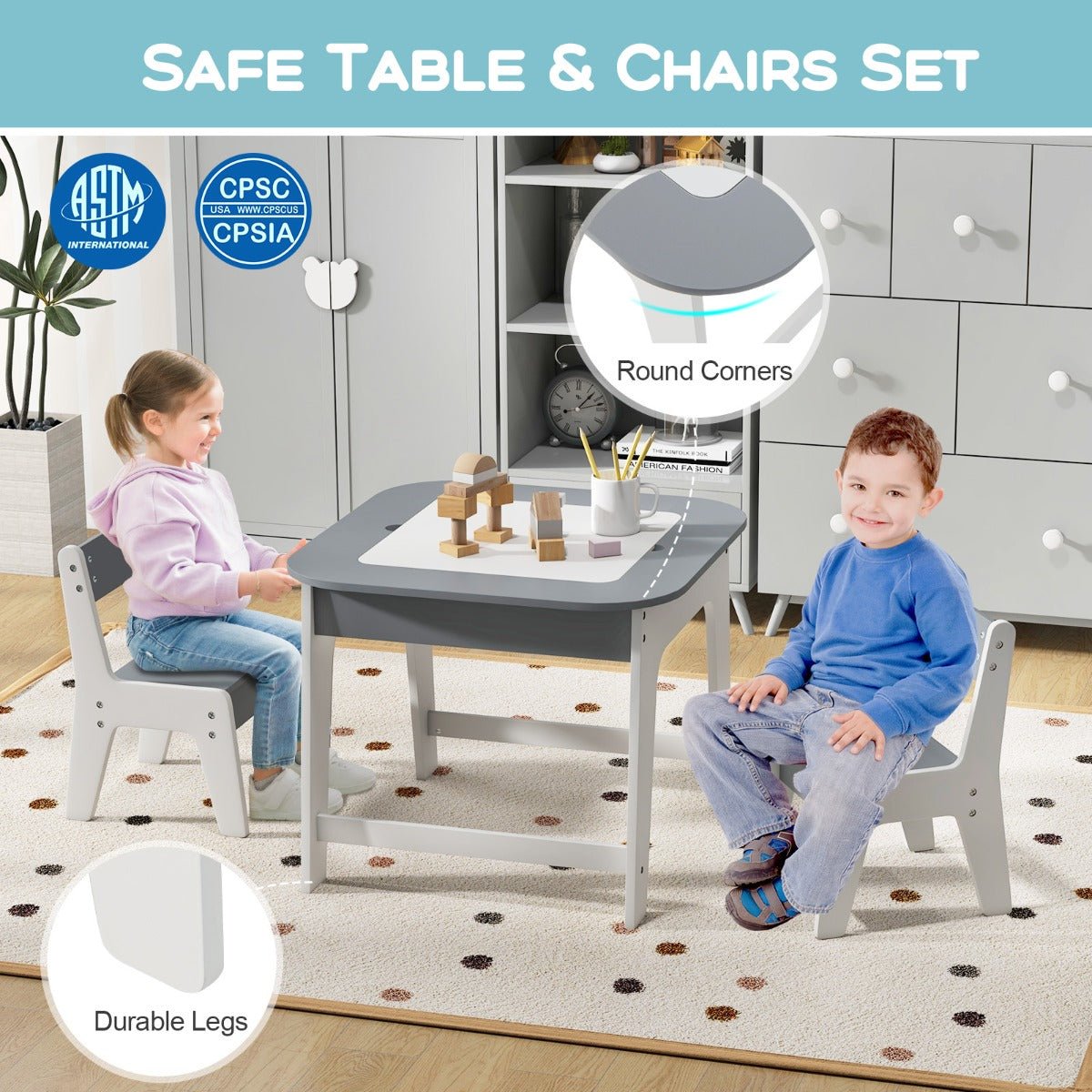 Kids table and chair set with storage in grey and white for creative playtime.