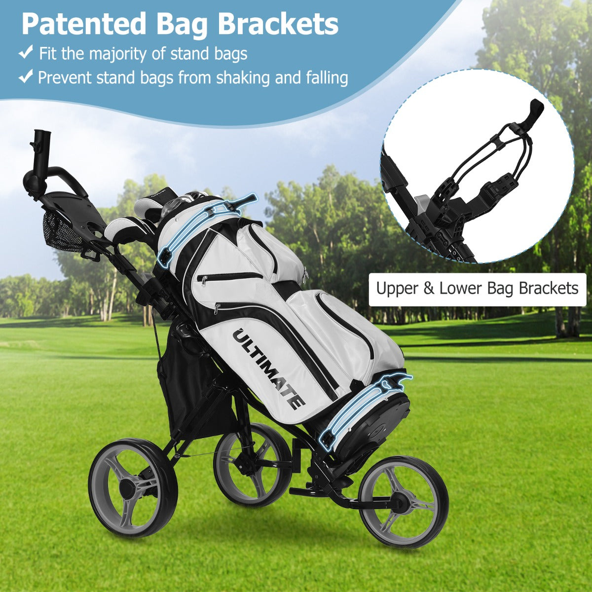Lightweight 3 Wheel Golf Push Pull Cart | Grey Steel Frame