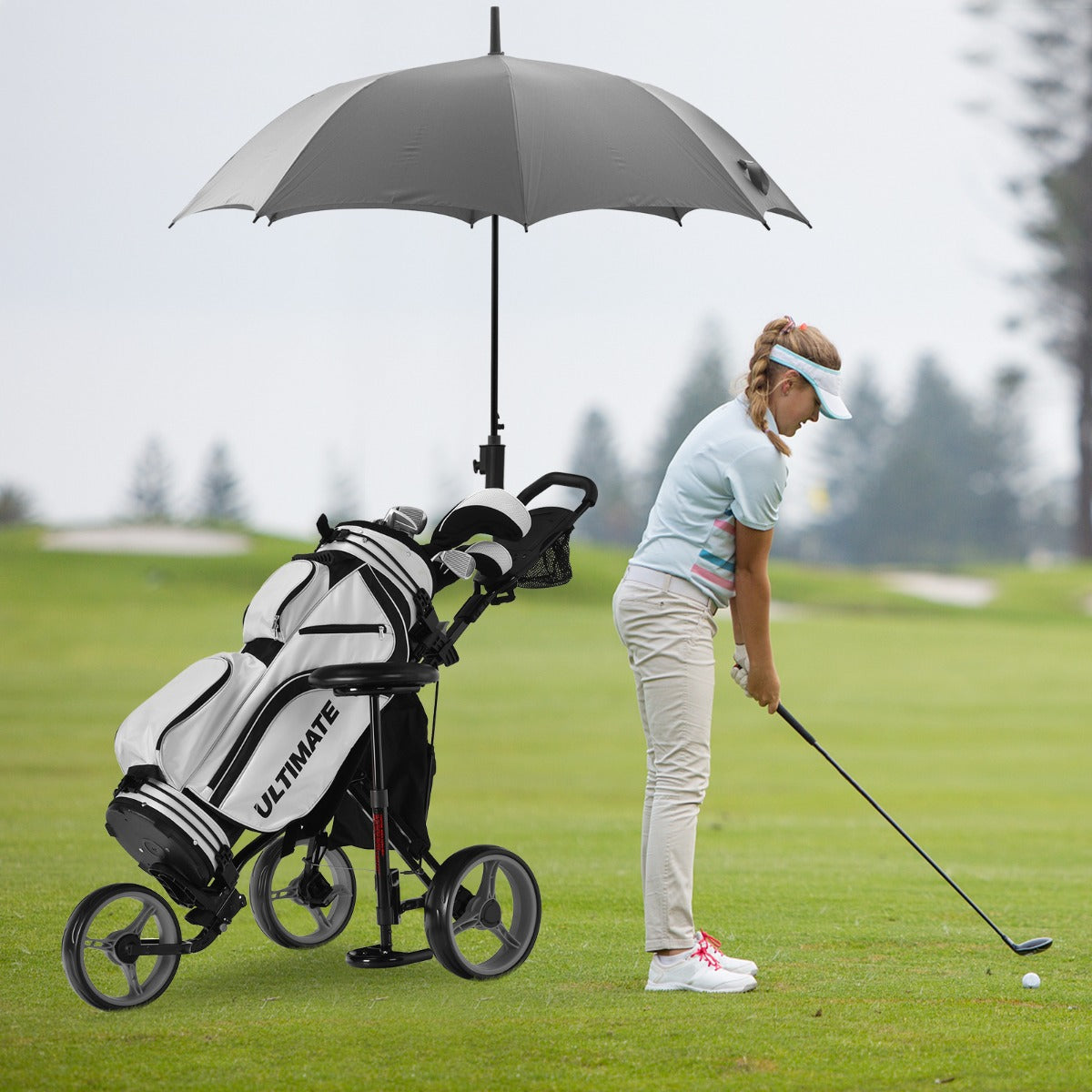 Golf Push Pull Cart Lightweight 3 Wheels Golf Push Cart-Grey