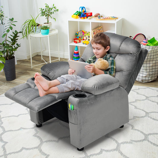 Kids recliner chair in grey velvet with cup holders, for cozy comfort and relaxation.