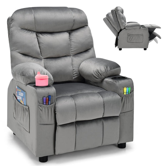 Kids grey recliner chair with cup holders, ages 3+, comfortable velvet lounger.