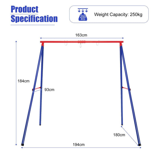 Red and blue steel swing stand frame for kids outdoor play area. Sturdy and colorful.