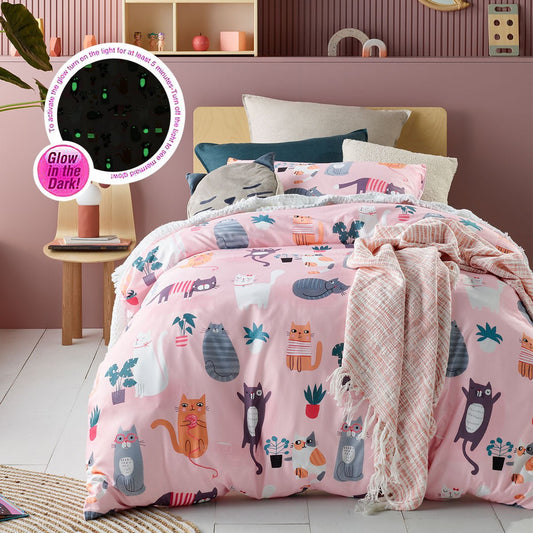 Doubles-size quilt cover set for kids, featuring glow-in-the-dark Miaow design. Bright and fun.