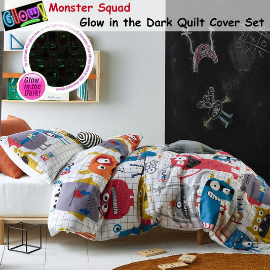 Glow in the dark monster quilt cover set for kids playful bedroom decor.