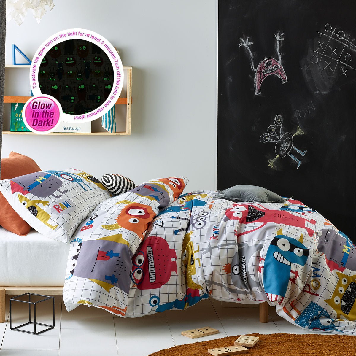 Kids monster quilt cover set, glows in the dark, single size - fun & imaginative bedding.