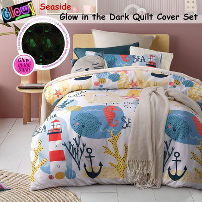 Seaside-themed glow-in-the-dark quilt cover set for kids bedroom decor and imagination play.