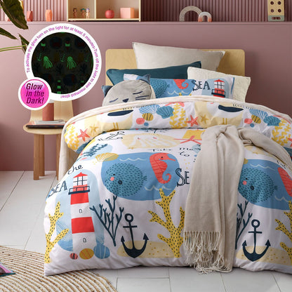 Kids Seaside Glow in the Dark Quilt Cover Set, brightening bedtime with magical ocean scenes.