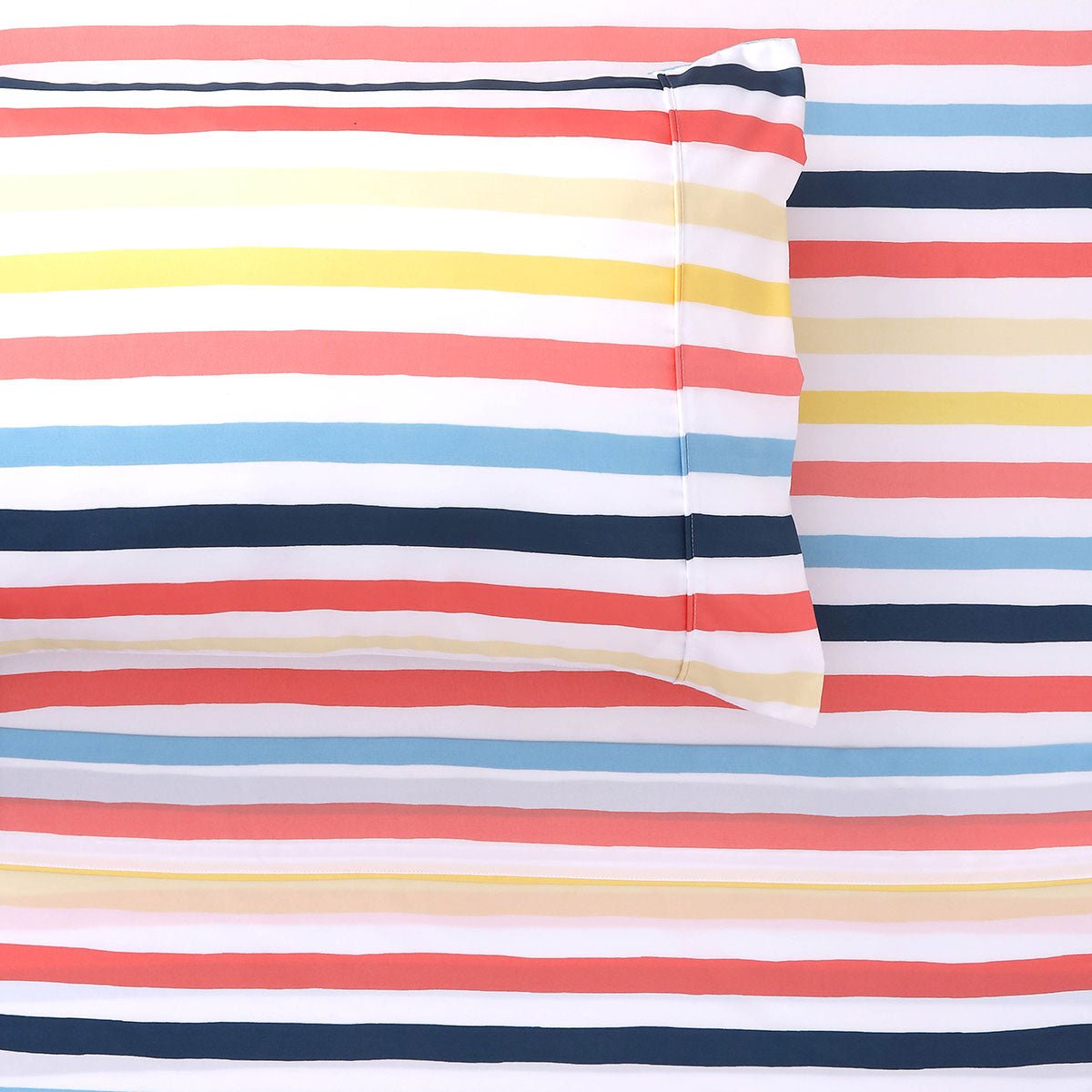 Colorful striped microfiber sheet set for kids single bed, creating a cheerful bedroom.