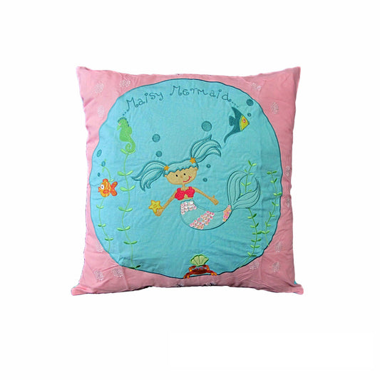 Colorful mermaid-themed square cushion for kids room decor and comfort. Shelley by Happy Kids.