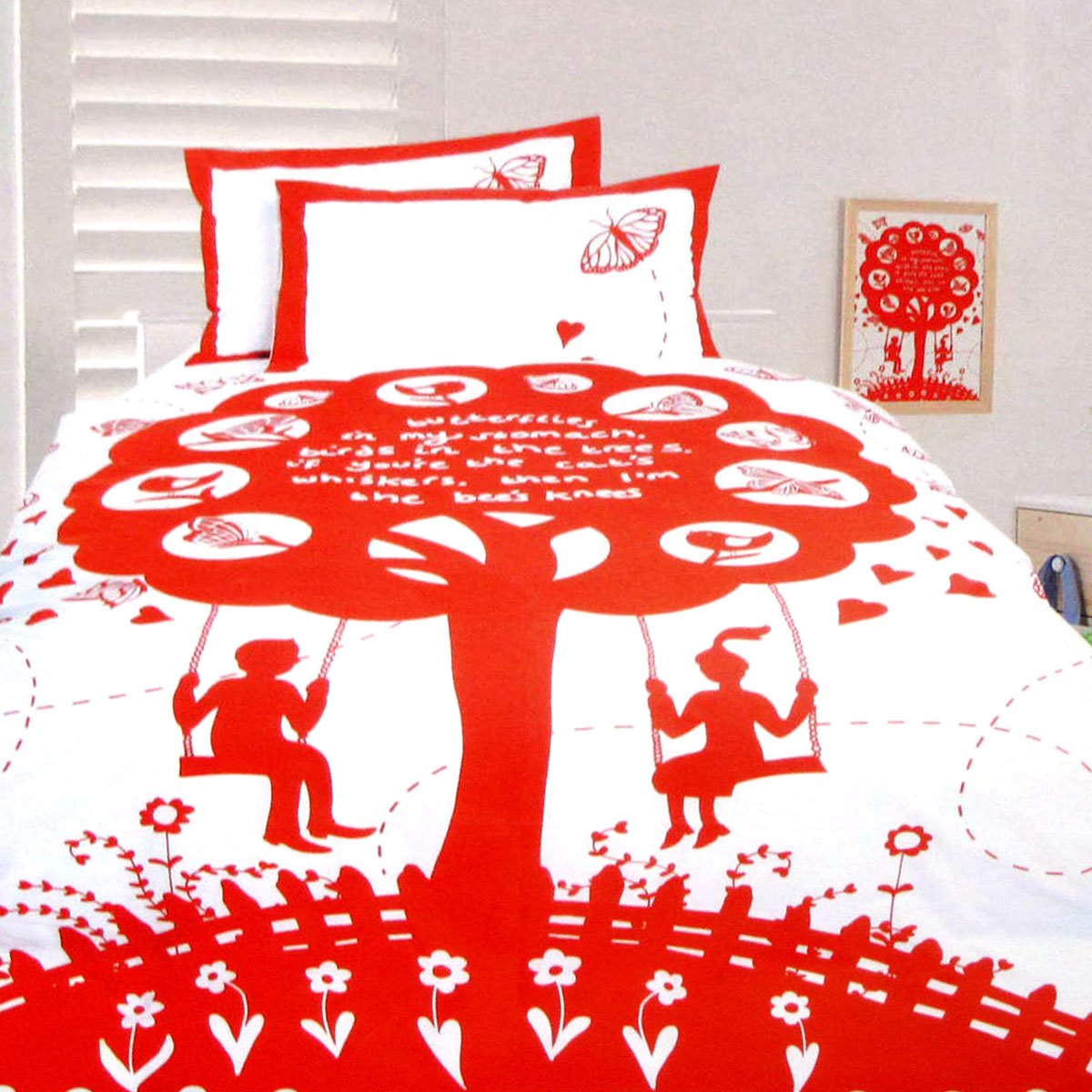 Red quilt cover set featuring Happy Kids The Bees Knees design, ideal for double beds.