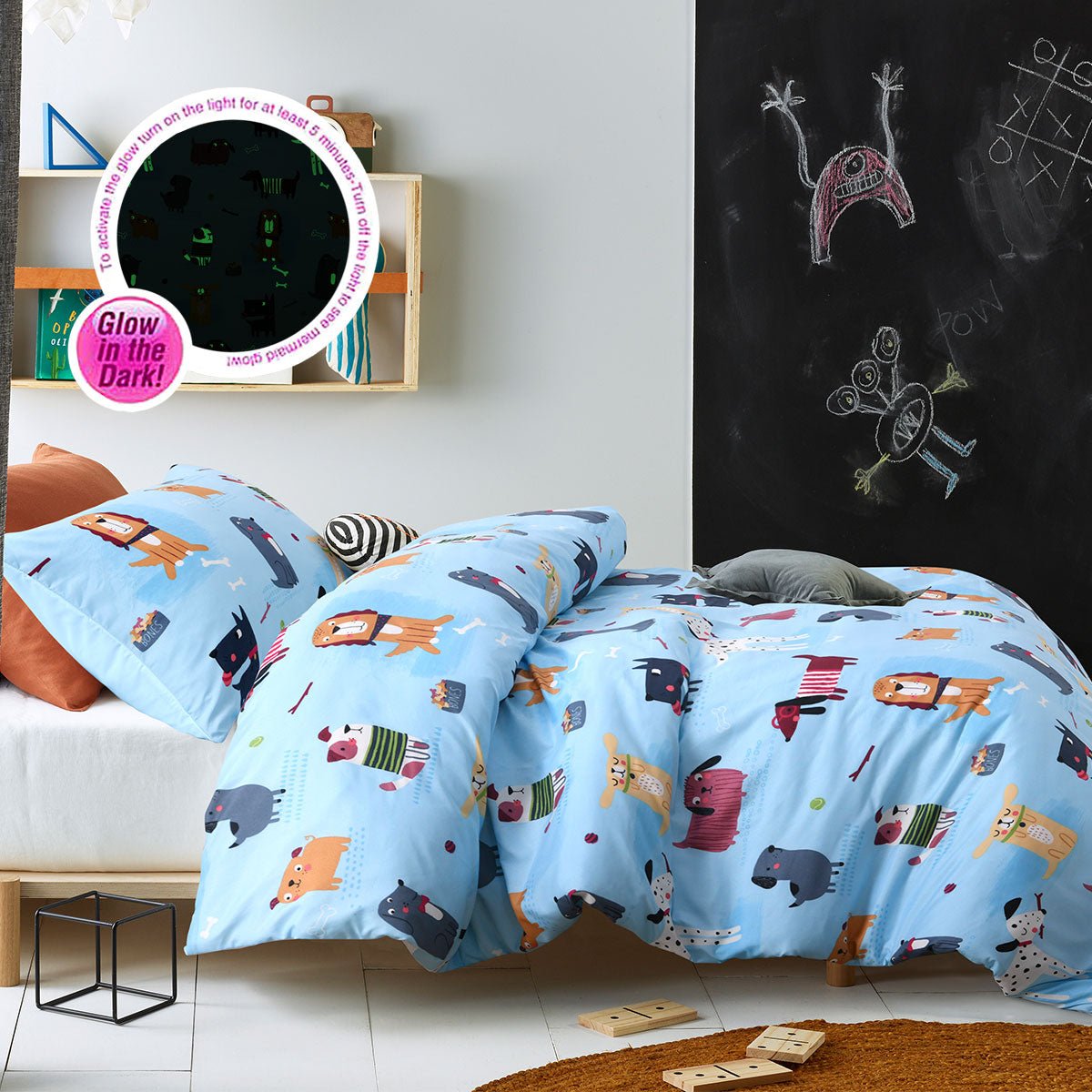 Glow in the dark Happy Kids Woof quilt cover set - Double size, perfect for children.