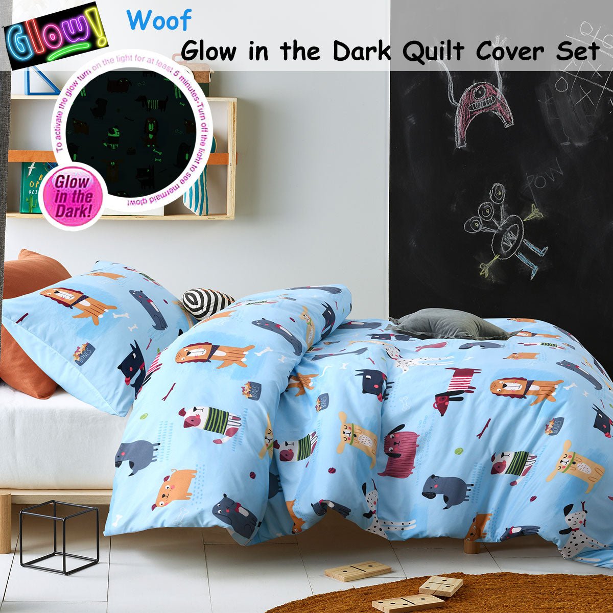 Kids Glow in the Dark Quilt Cover Set Double - Fun, playful design for childrens bedrooms.