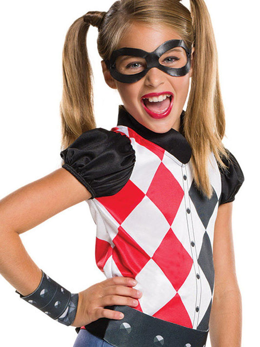 Kids Harley Quinn DC Super Hero Girls Costume jumpsuit set for imaginative play and parties.