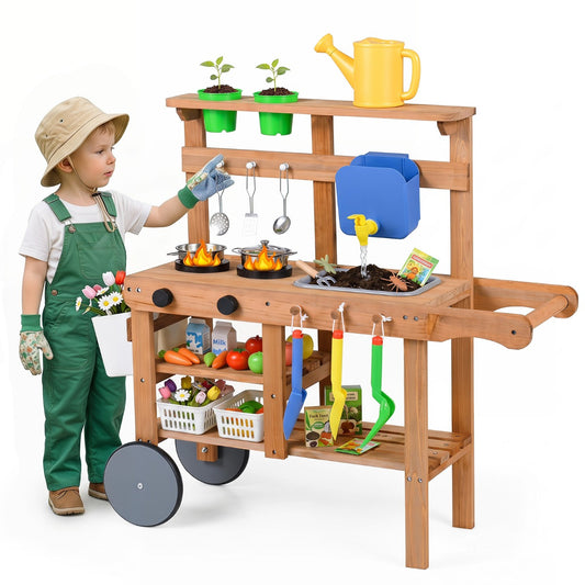 Costway Rolling Outdoor Play Kitchen with Wheels for Boys Girls Ages 3 Plus-Natural