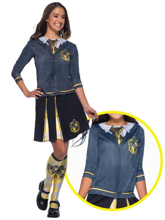 Hufflepuff adult costume top from Harry Potter official merch, ideal for childrens dress-up play.