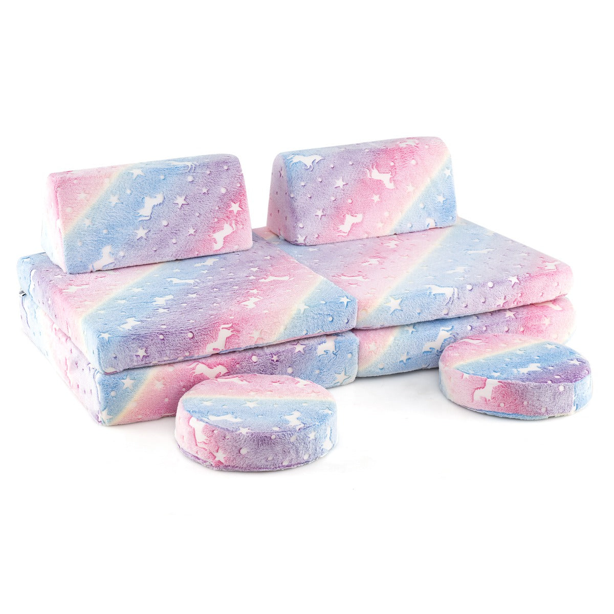 Colorful modular play couch for kids features glow-in-the-dark flannel covers, perfect for creative playtime and lounging