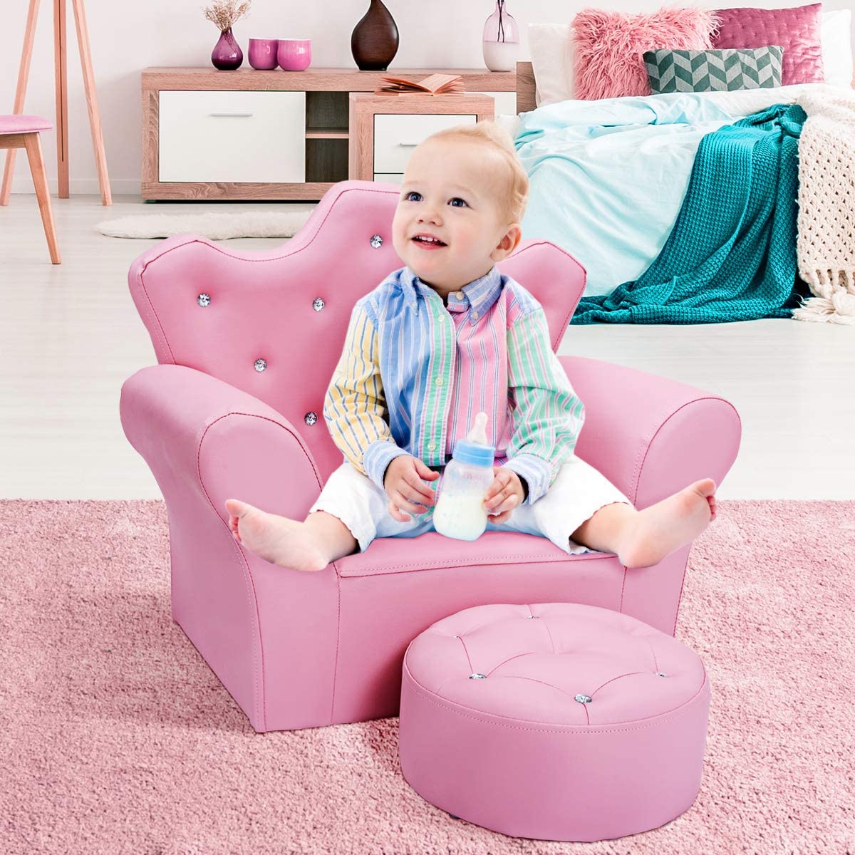 Princess-themed kids crown sofa set with ottoman for royal-inspired toddler seating.