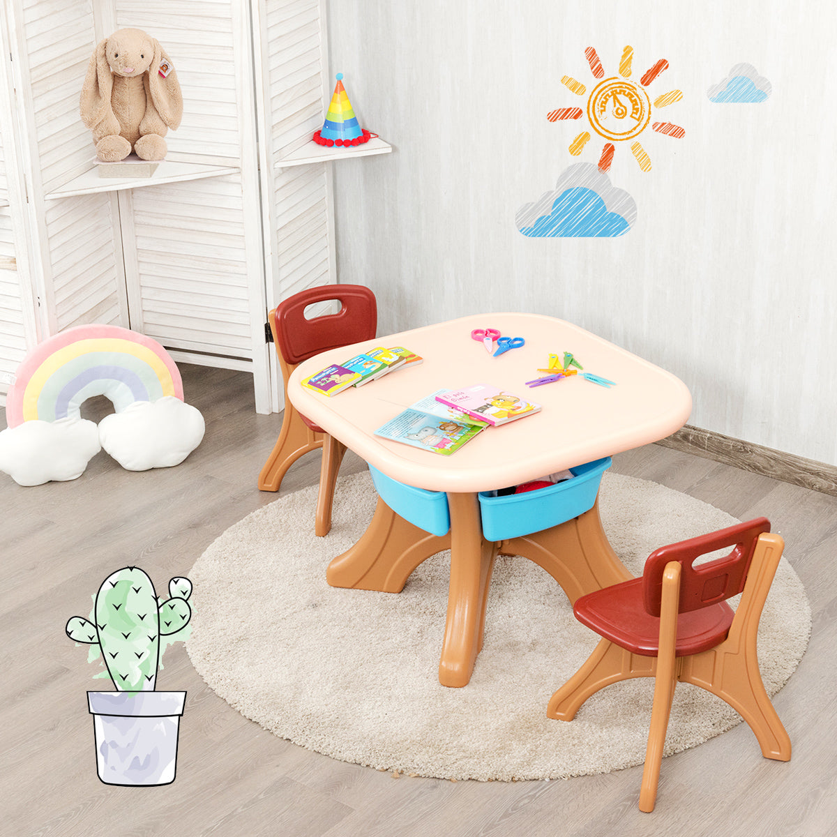 Kids table and chair set with storage boxes in durable PE material, coffee color - ideal for play and storage solution.