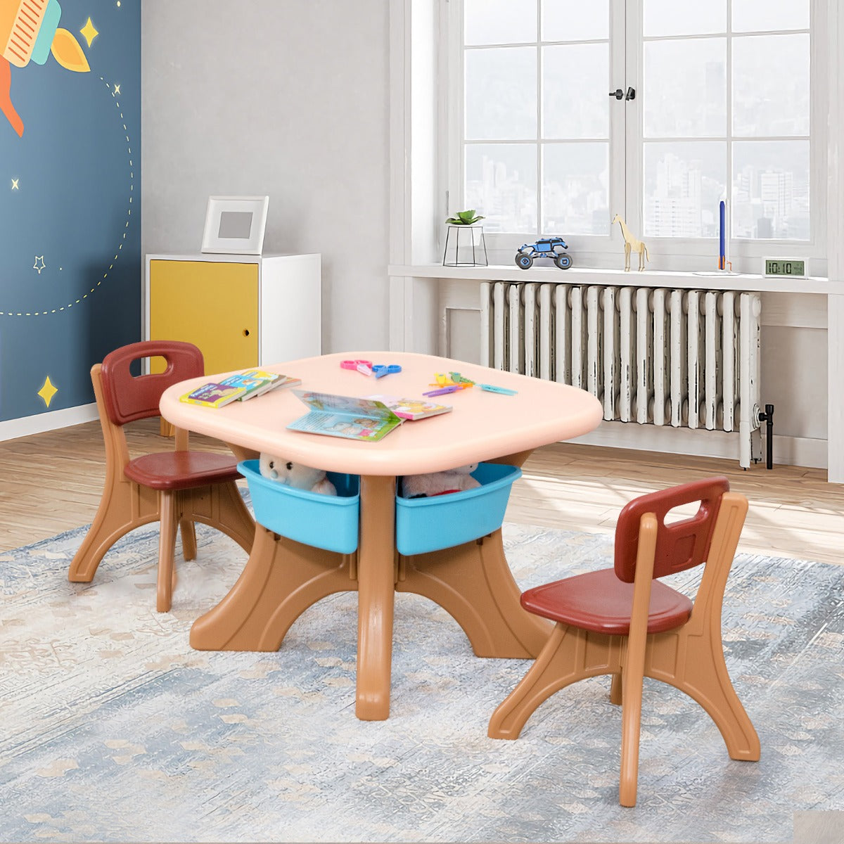 Kids table and chair set with storage boxes in durable PE material, ideal for playtime.