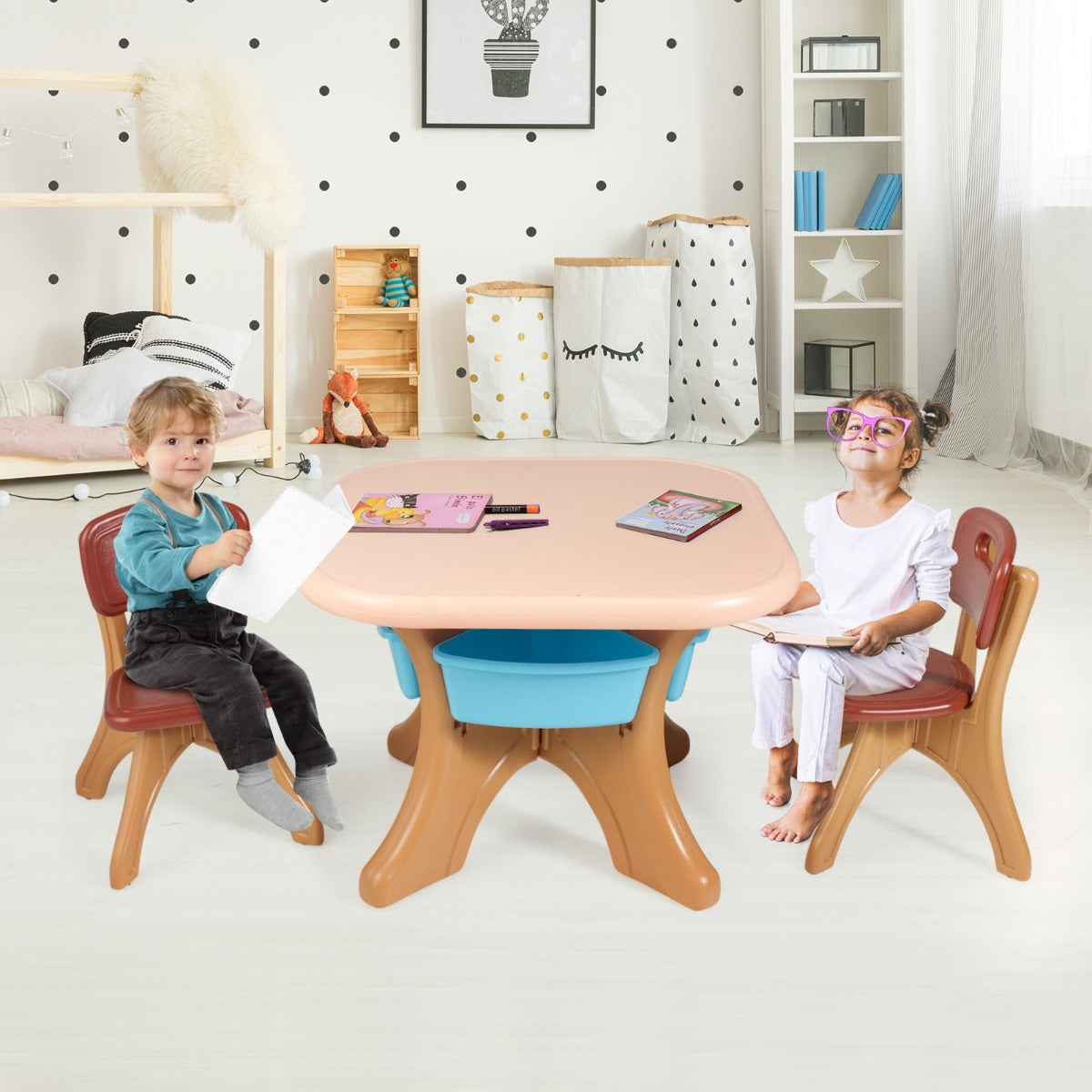 Kids table and chair set in coffee color with storage boxes ideal for playtime.