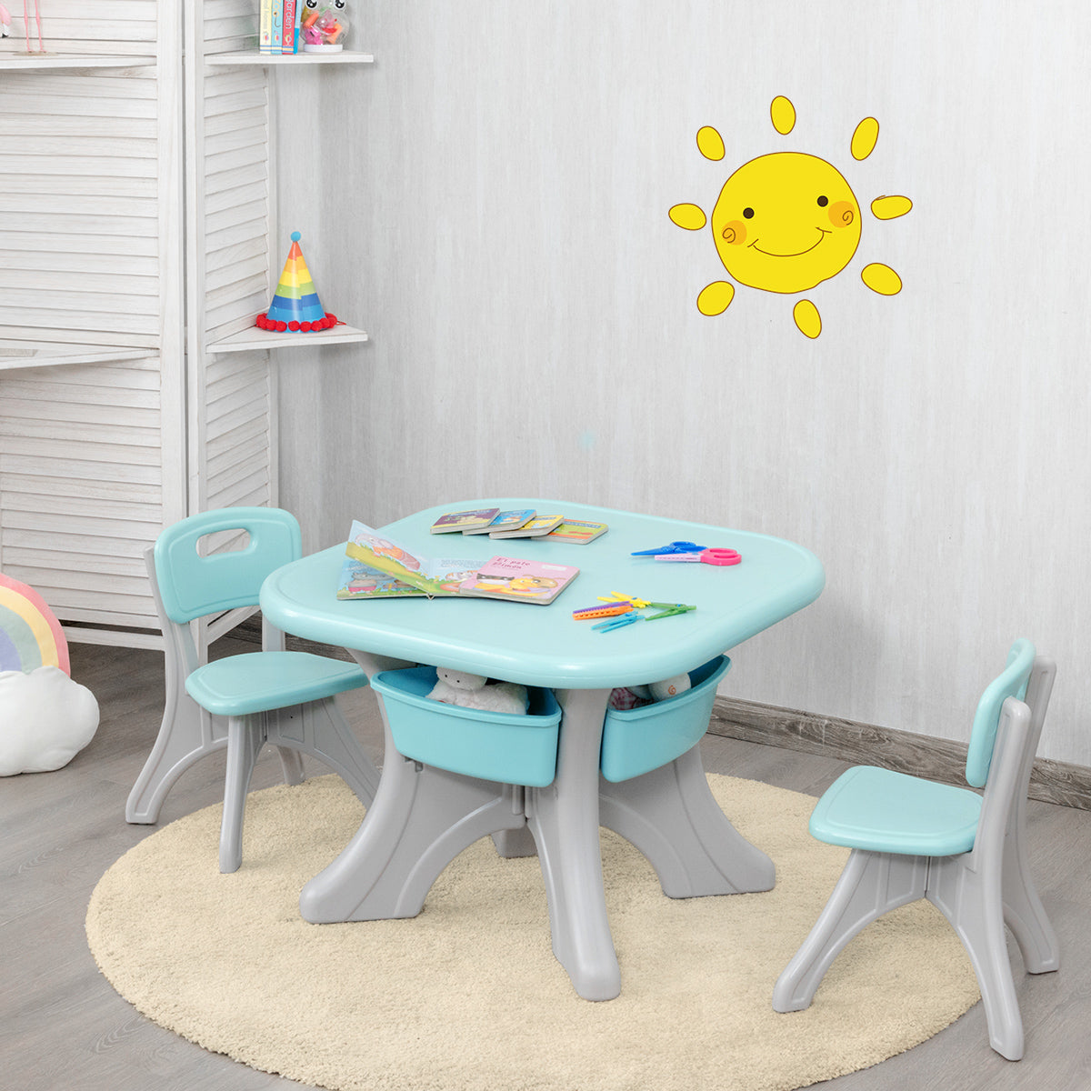 Green 3-piece kids table set with storage boxes, perfect for playtime and organization.