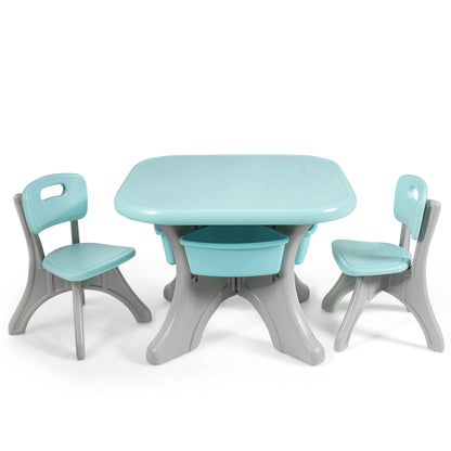 Green kids table and chair set with storage, ideal for play and organization.