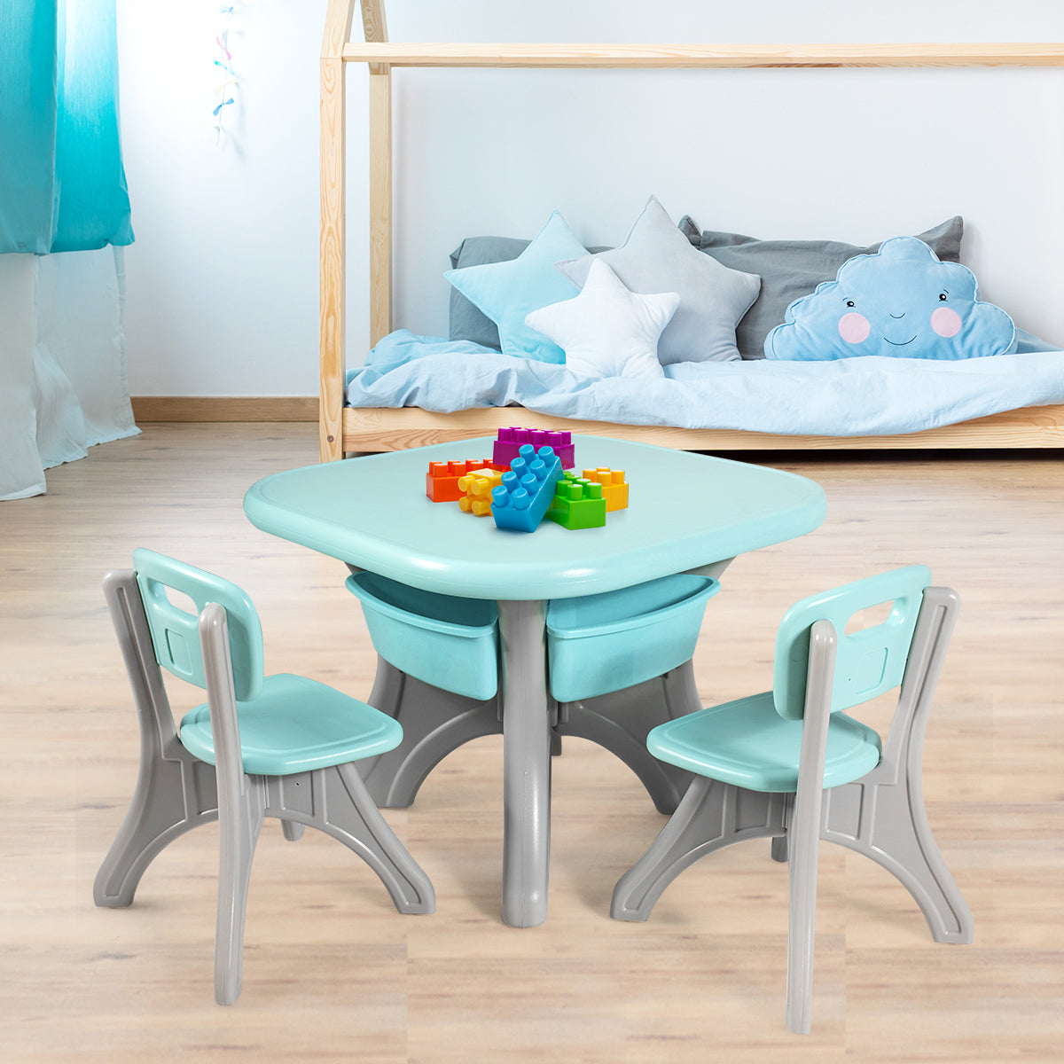 Green 3-Piece Kids Table and Chair Set with Storage, perfect for play and storage.