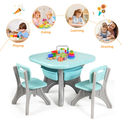 Green 3-piece kids table and chair set with storage boxes for playful home fun.