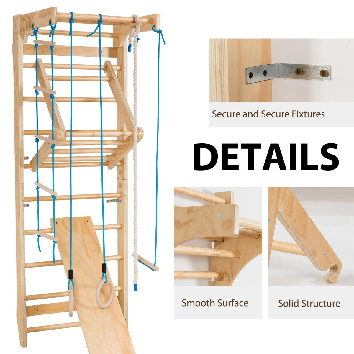 Natural Wood Wall Bars | Rings Swing Slide & Climbing Frame
