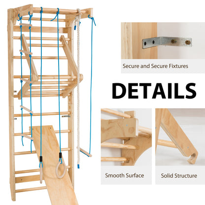 Natural Wood Wall Bars | Rings Swing Slide & Climbing Frame