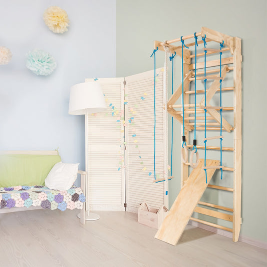 Natural Wood Wall Bars | Rings Swing Slide & Climbing Frame